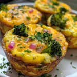 Close-up of Healthy Egg Muffins with visible broccoli and cheddar cheese.