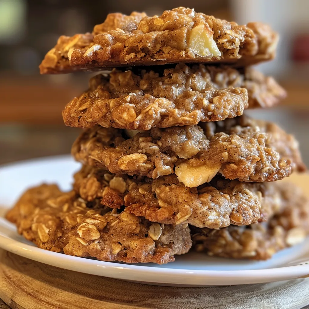 Side perspective of freshly baked oatmeal apple cookies with a golden-brown surface.