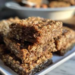 Close-up view of healthy oatmeal breakfast bars stacked on a wooden board.