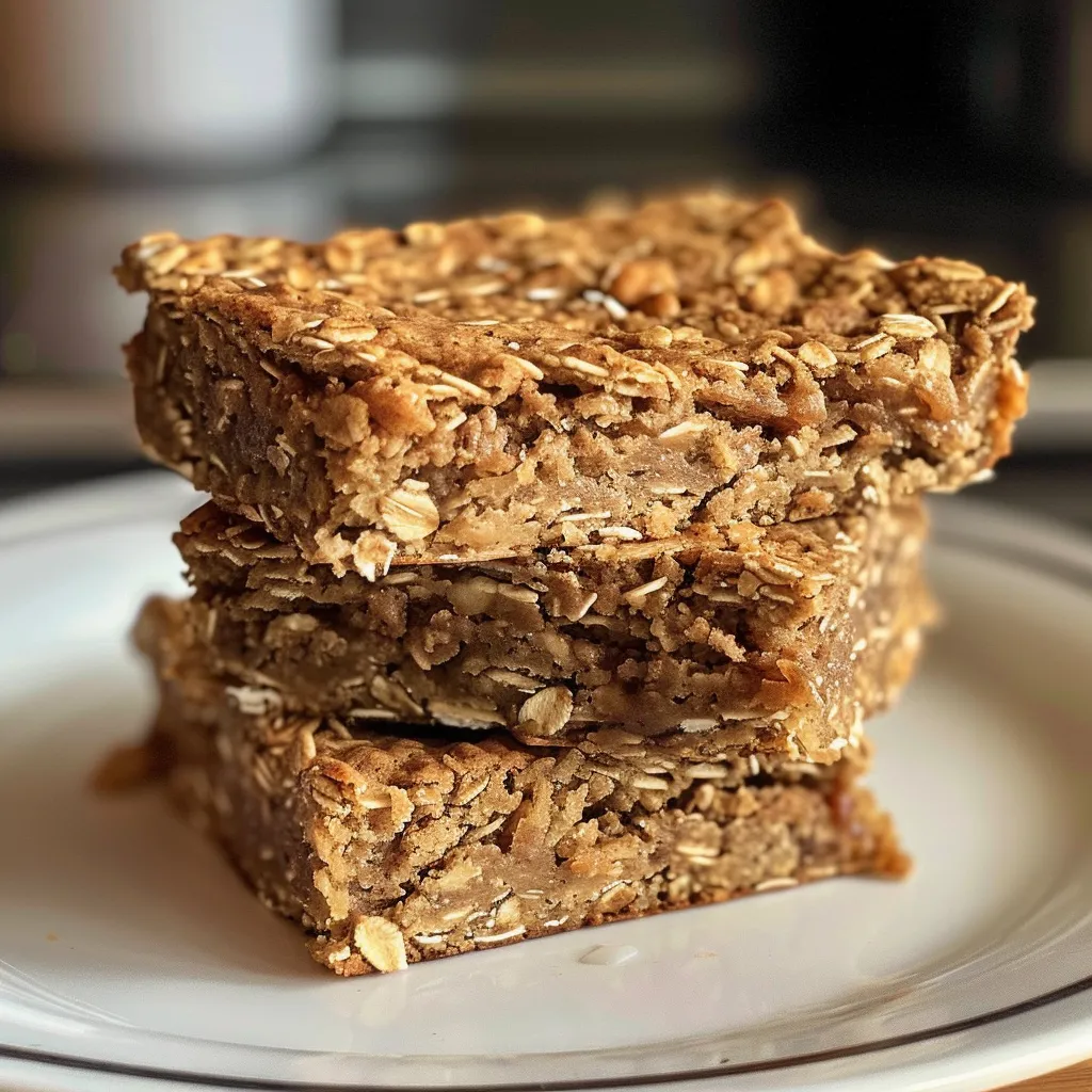 Side view of oatmeal breakfast bars with oats and nuts visible on a white plate.
