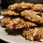 Close-up of healthy oatmeal cookies with visible seeds and berries.