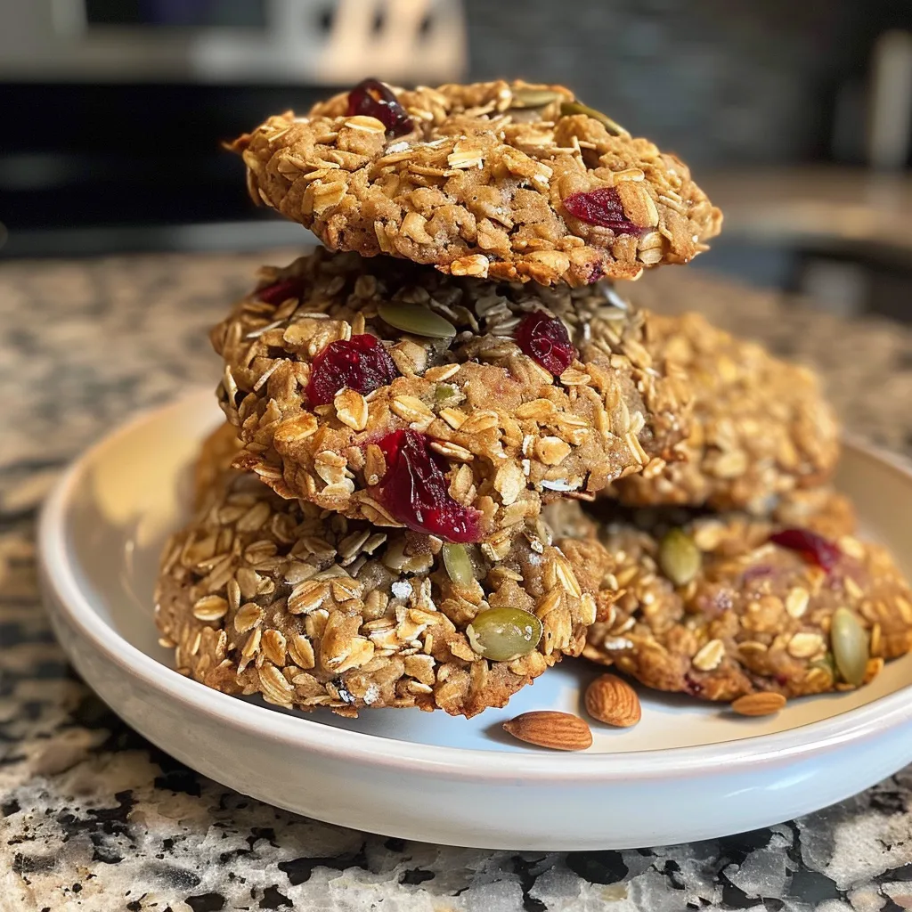 Side view of freshly baked oatmeal cookies featuring nuts and fruit.