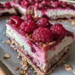 Close-up view of healthy raspberry cheesecake bars on a wooden platter.