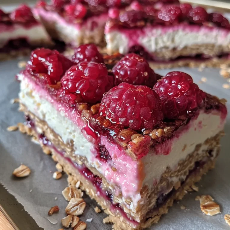 Close-up view of healthy raspberry cheesecake bars on a wooden platter.