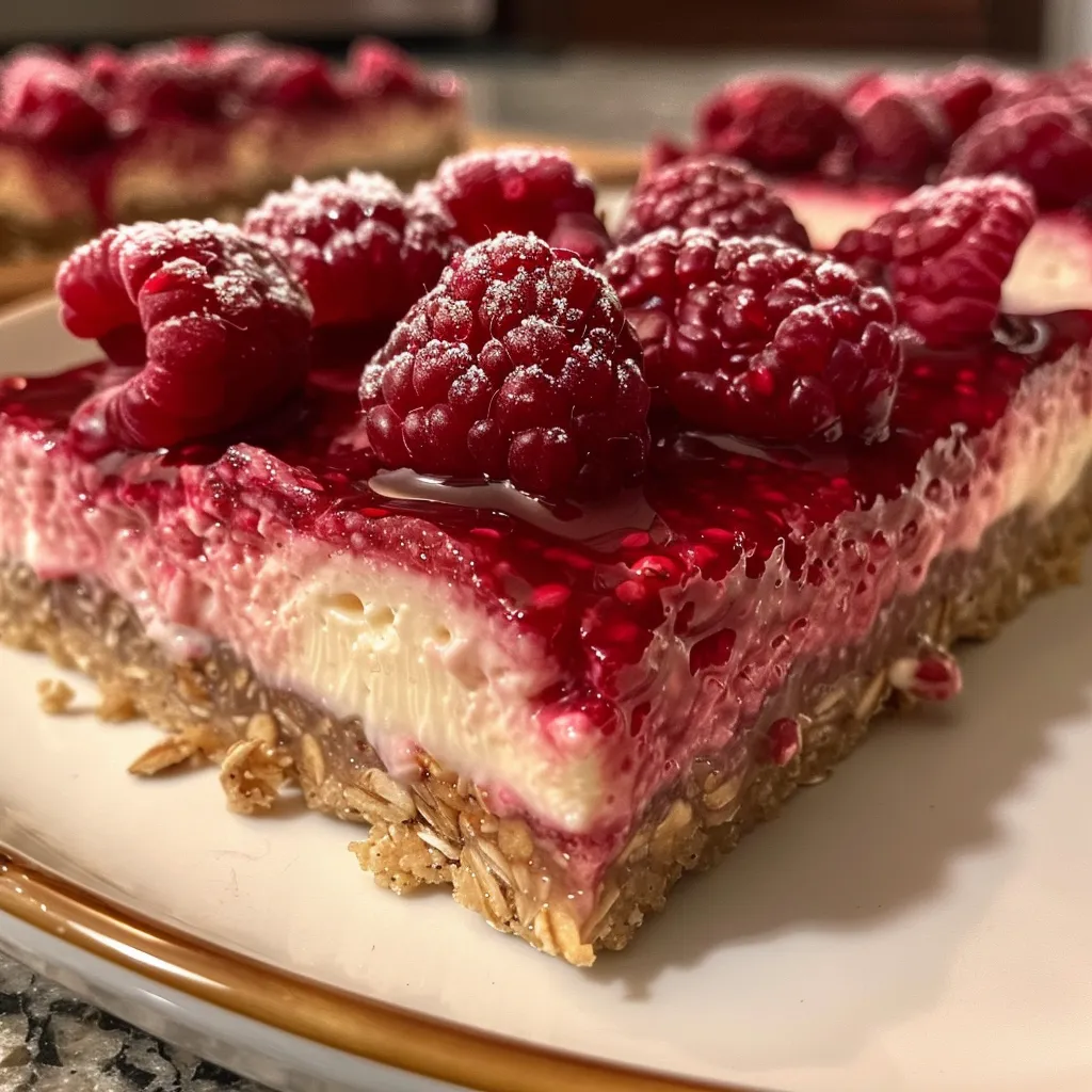 Side view of delicious raspberry cheesecake bars topped with fresh raspberries.