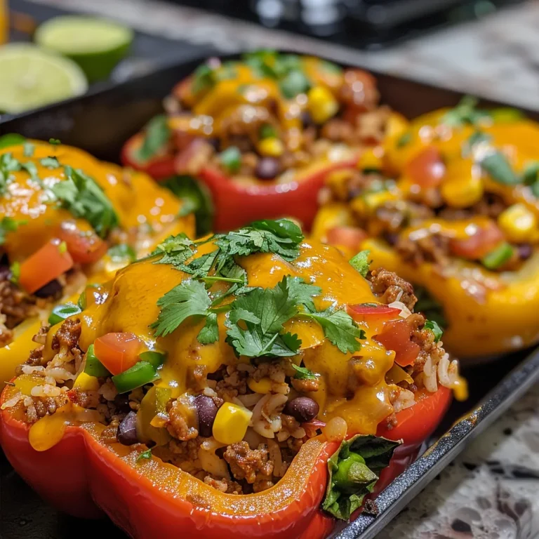 Close-up view of colorful bell peppers stuffed with healthy taco ingredients.