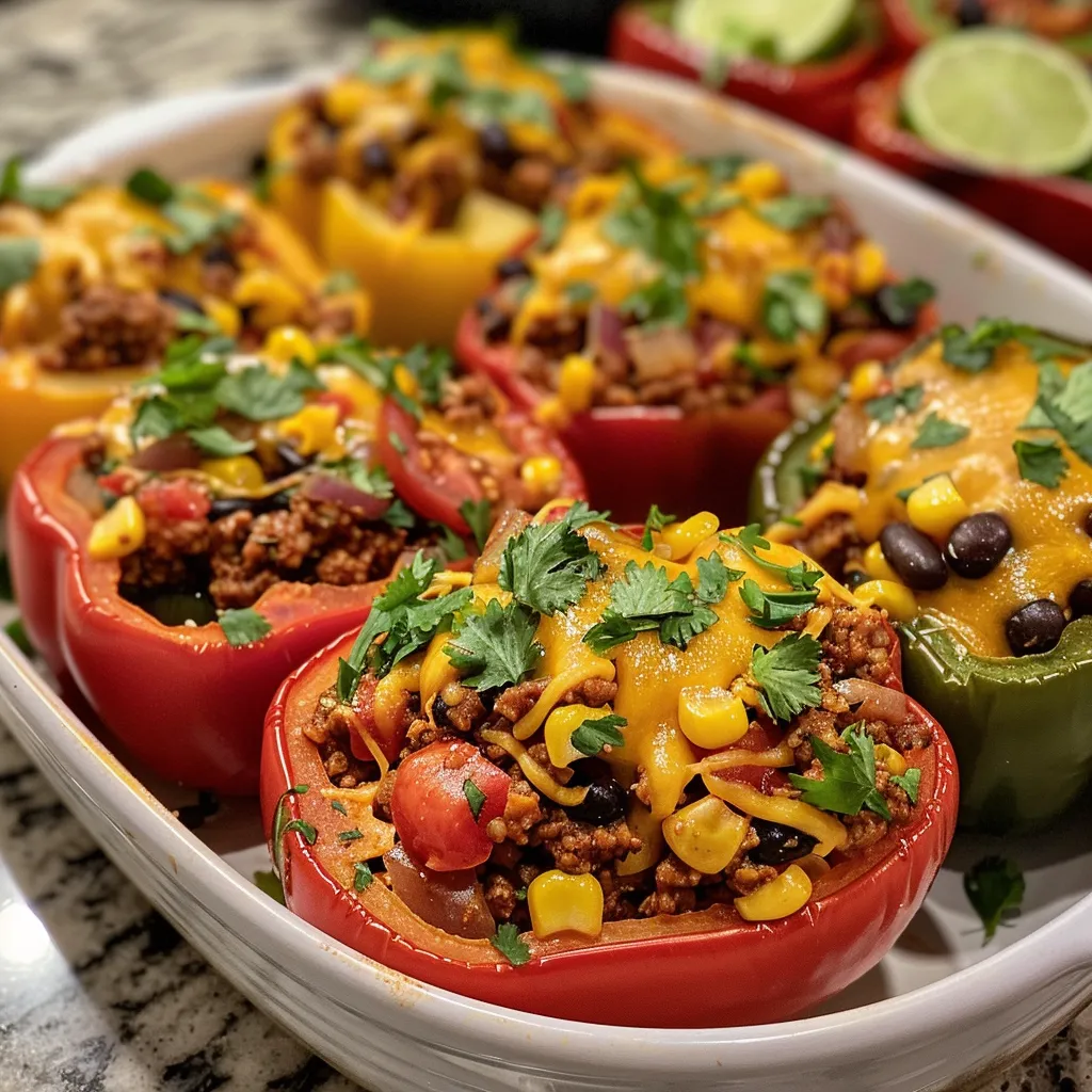 Juicy taco stuffed peppers filled with lean turkey, beans, and cheese.