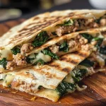 A close-up view of a juicy turkey and spinach quesadilla on a plate.