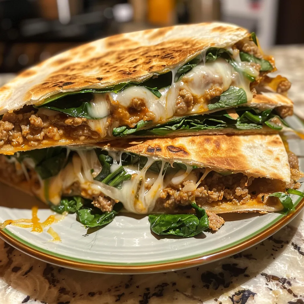 Side view of a healthy quesadilla filled with turkey and spinach on a wooden table.