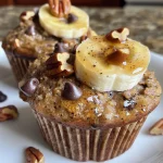 Close-up side view of golden-brown banana muffins, showcasing their moist texture and chocolate chips.