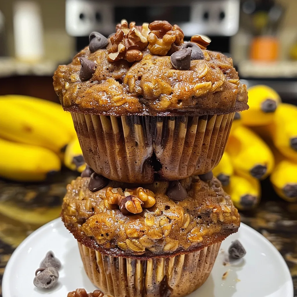 Delicious High Protein Banana Muffins with visible chunks of nuts and chocolate, capturing a perfect bake.