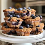 A side view of moist blueberry muffins with a golden-brown top and visible blueberries.