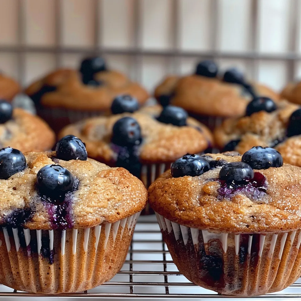 Close-up of high protein blueberry muffins showcasing their fluffy texture and scattered blueberries.
