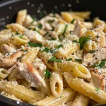 Close-up of a creamy garlic parmesan pasta bowl with grilled chicken.