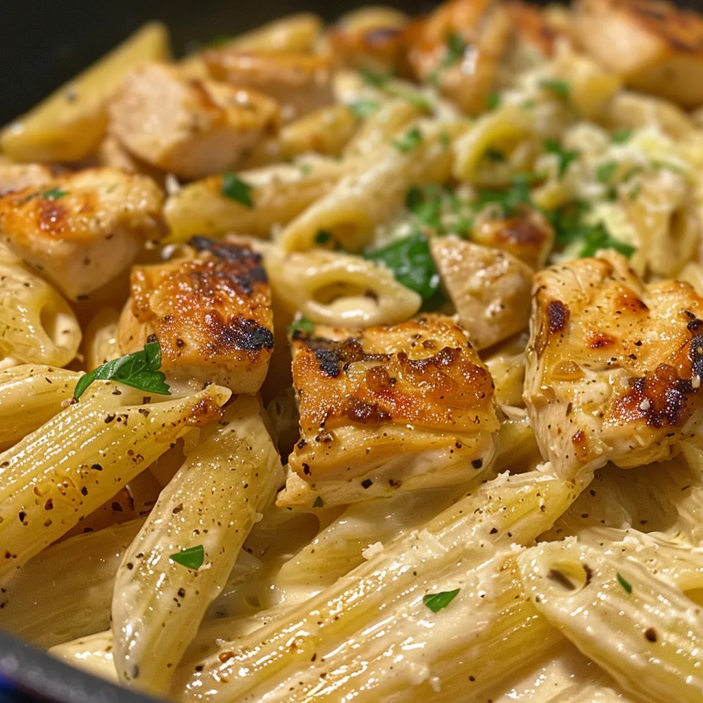 Side view of a colorful pasta bowl featuring cooked penne, chicken, and herbs.