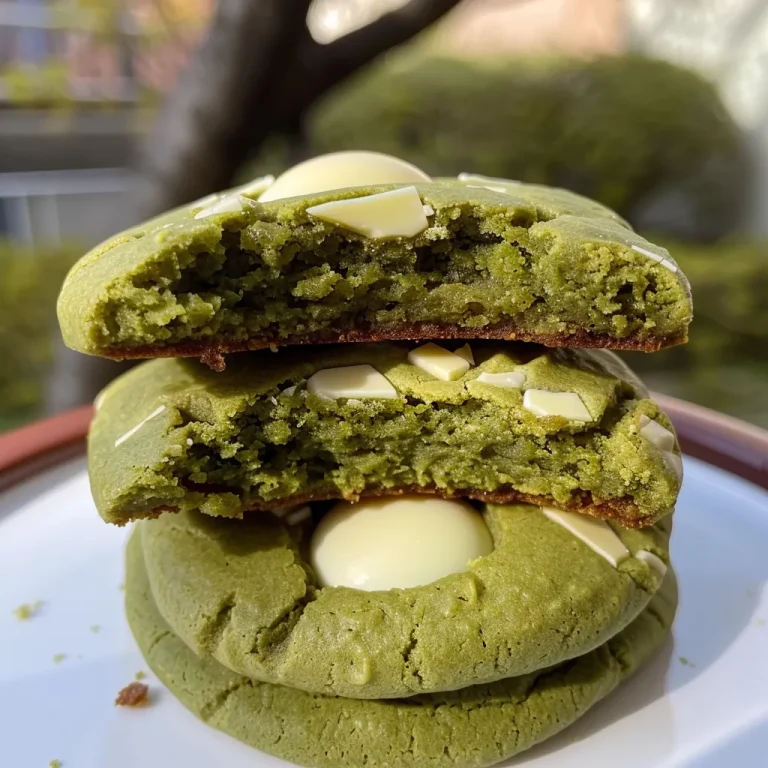 Close-up side view of high-protein matcha cookies with white chocolate chunks.
