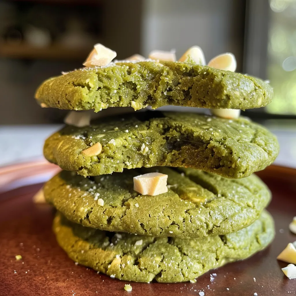 Delicious green matcha cookies sprinkled with healthy white chocolate, captured from the side.