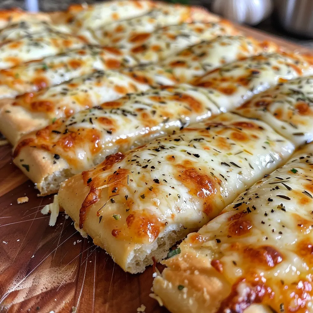 Side view of homemade breadsticks topped with gooey mozzarella and garlic, served on a plate.