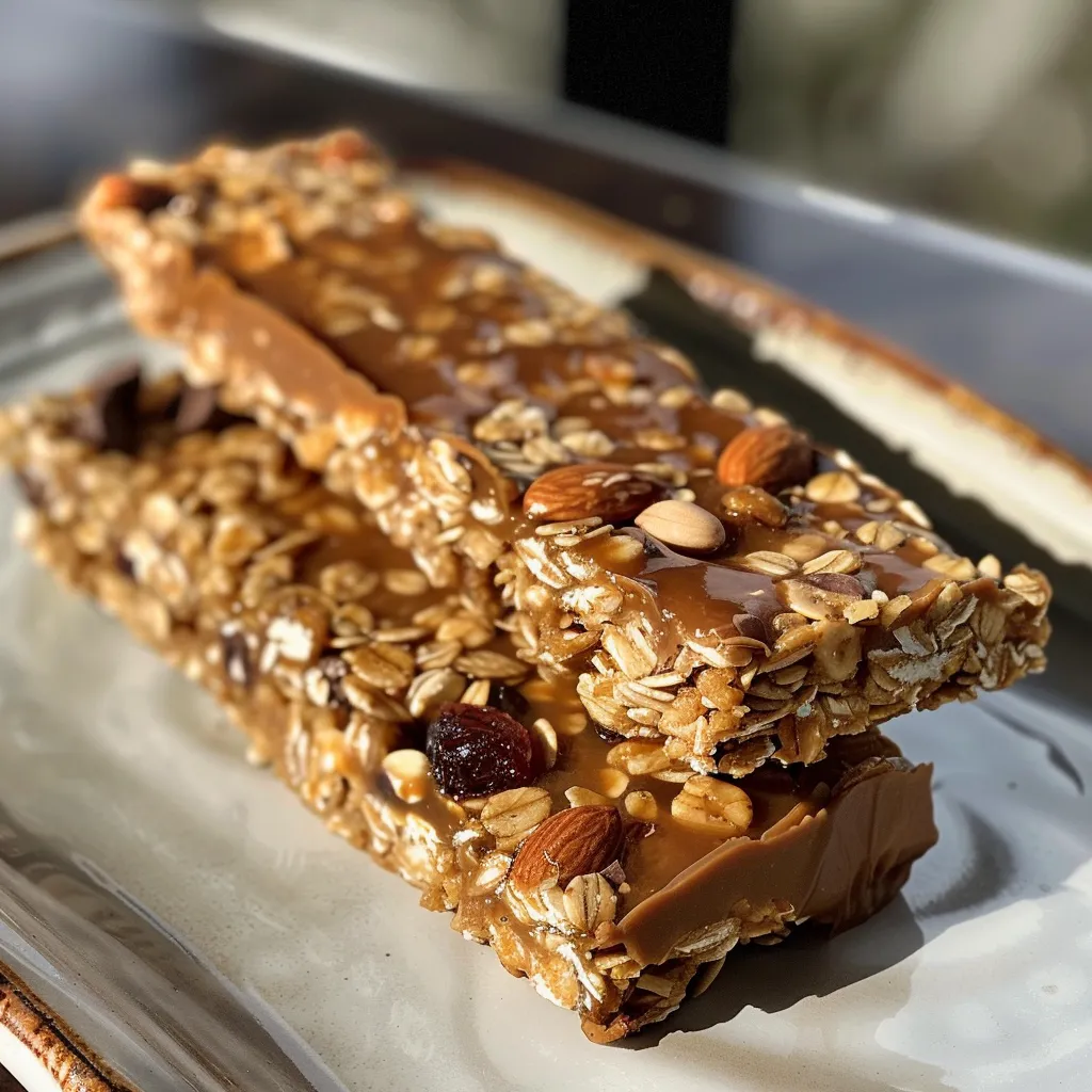 Close-up of homemade granola bars with visible oats, chocolate chips, and nuts in a tempting arrangement.