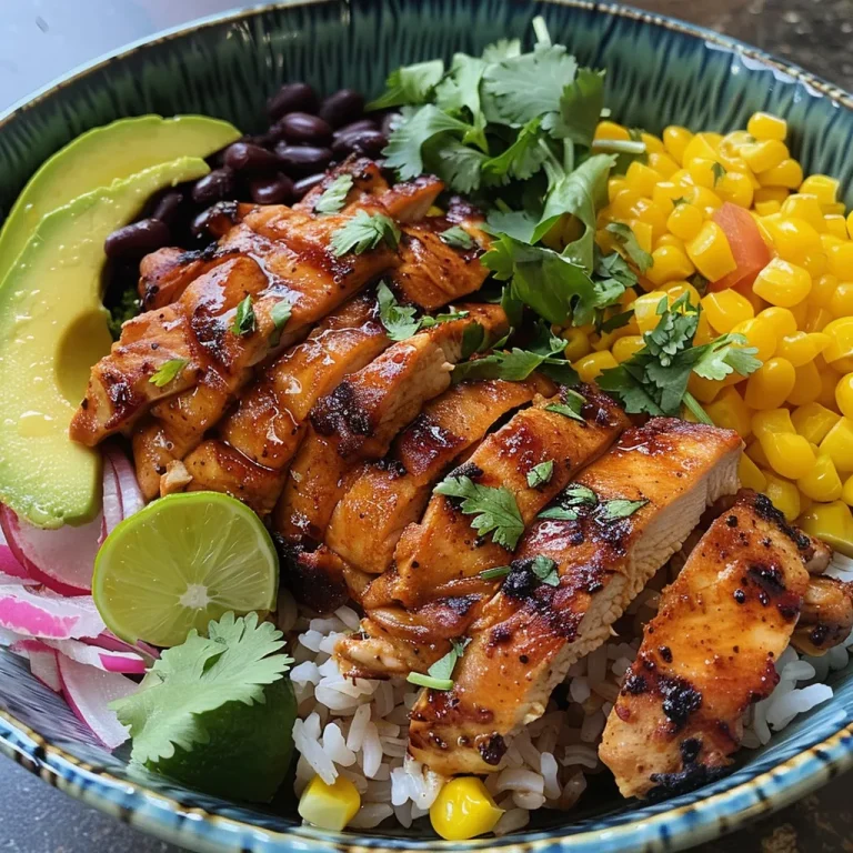 A close-up view of a Honey Chipotle Chicken Rice Bowl with colorful toppings.
