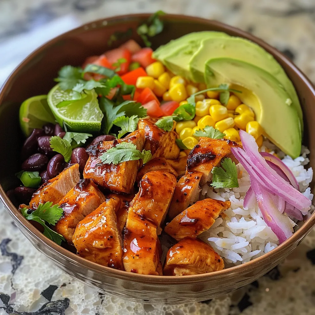 Juicy Honey Chipotle Chicken served over rice with fresh vegetables and garnishes.