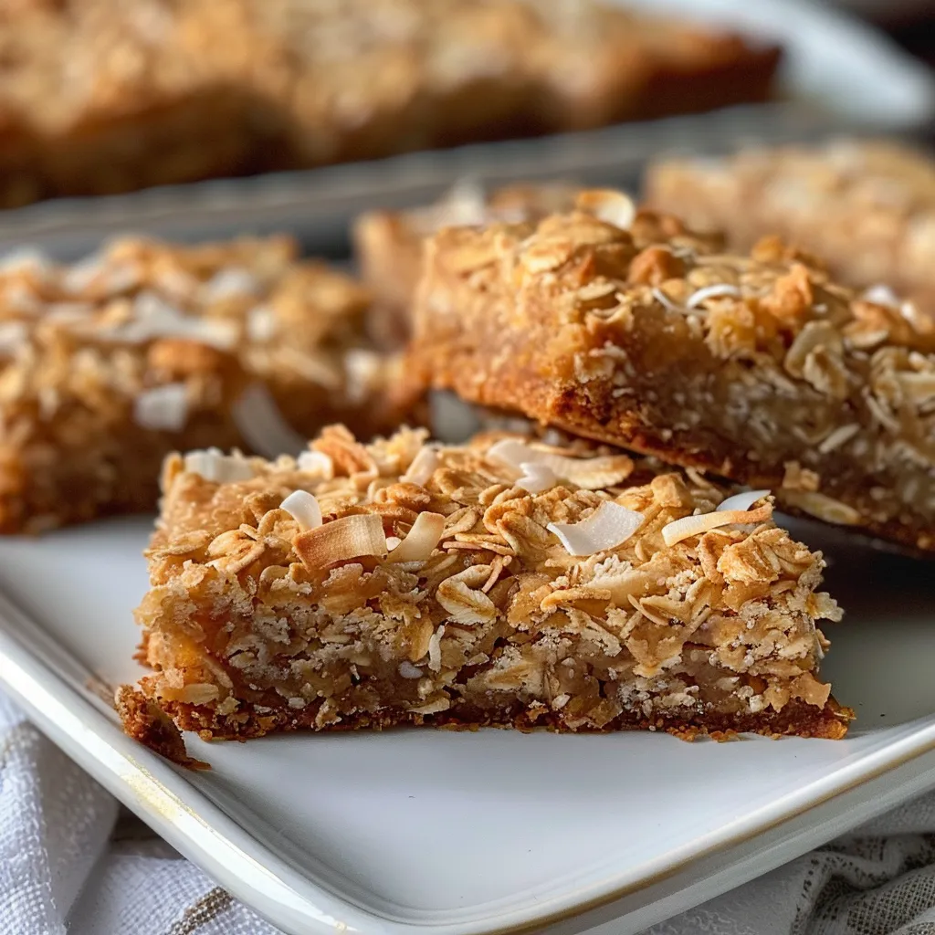 Side view of freshly baked Honey Coconut Oat Bars garnished with coconut flakes.