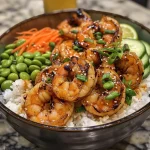 Close-up of a Honey Garlic Shrimp Bowl with vibrant colors and fresh ingredients.
