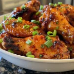 Close-up view of succulent Honey Sriracha Chicken Wings, glistening with sauce.