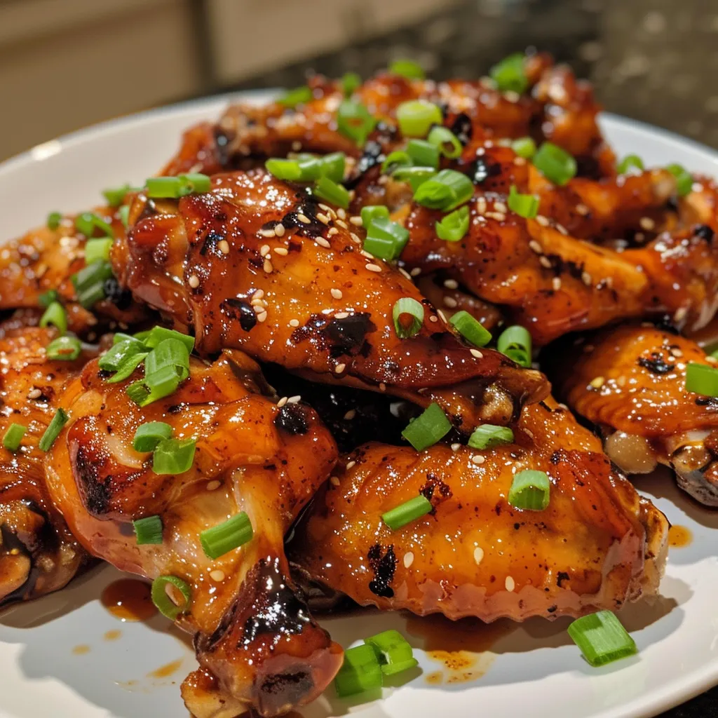 Juicy chicken wings coated in honey and Sriracha sauce, garnished with green onions.