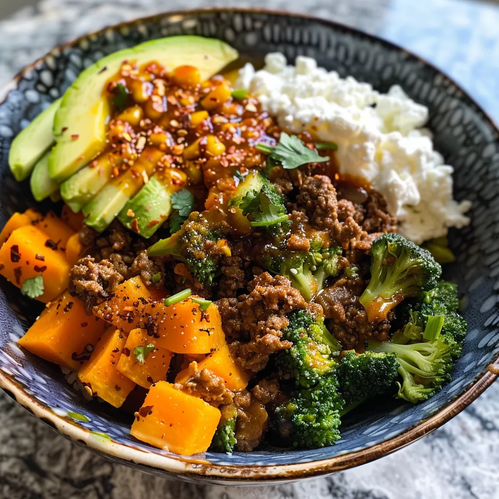 Juicy Hot Honey Beef Bowl with sweet potato and cottage cheese, presented in a stylish bowl.