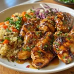 Close-up view of a colorful Hot Honey Chicken Plate with sweet potatoes and cabbage.
