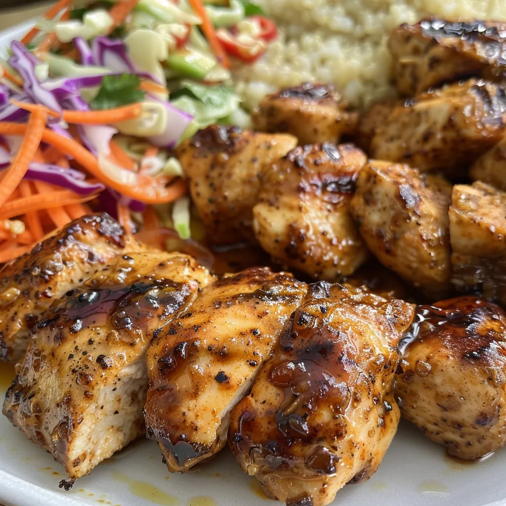 Side view of a beautifully arranged Hot Honey Chicken Plate featuring chicken, quinoa, and vegetables.