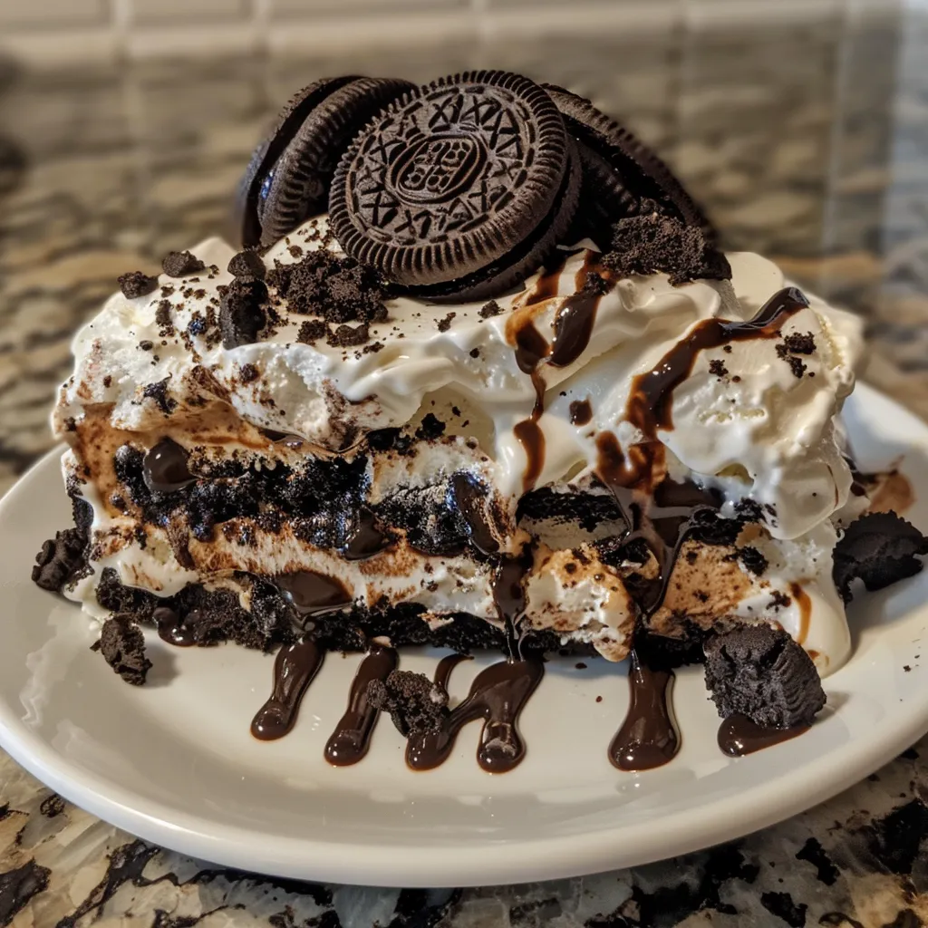 Close-up of a layered Ice Cream Sandwich Oreo Cake featuring crushed Oreos and chocolate sauce.