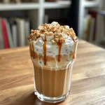 Close-up view of an iced caramel latte in a glass with a caramel drizzle on top.