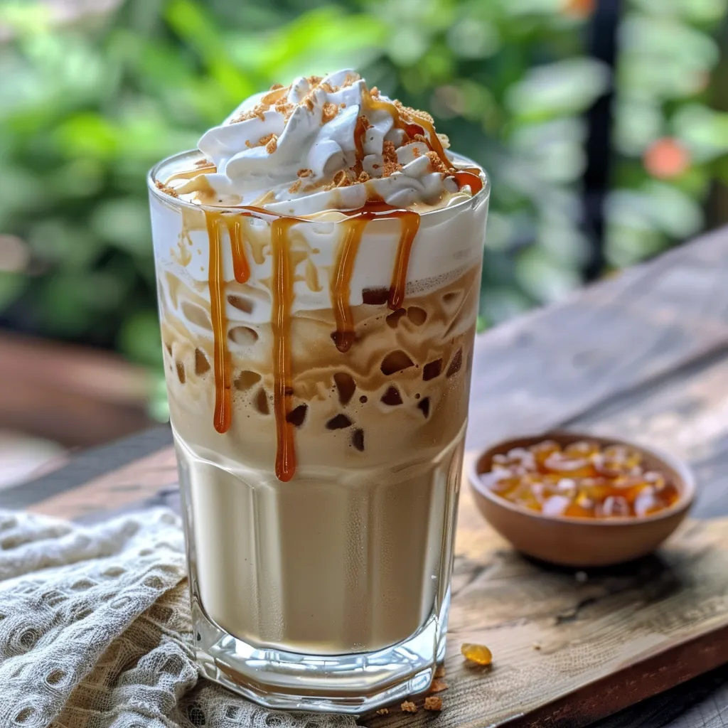 Side view of a refreshing iced caramel latte, showcasing layers of espresso, milk, and ice.