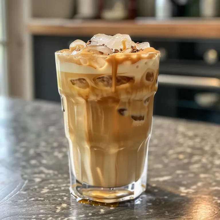 Close-up of an iced honey latte with ice cubes and frothy milk.