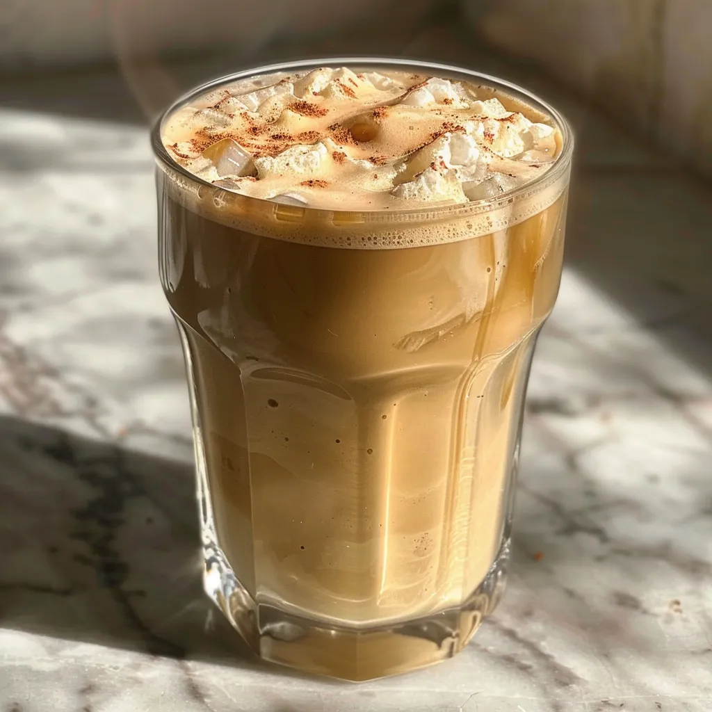 Side view of a delicious iced honey latte in a glass filled with ice.