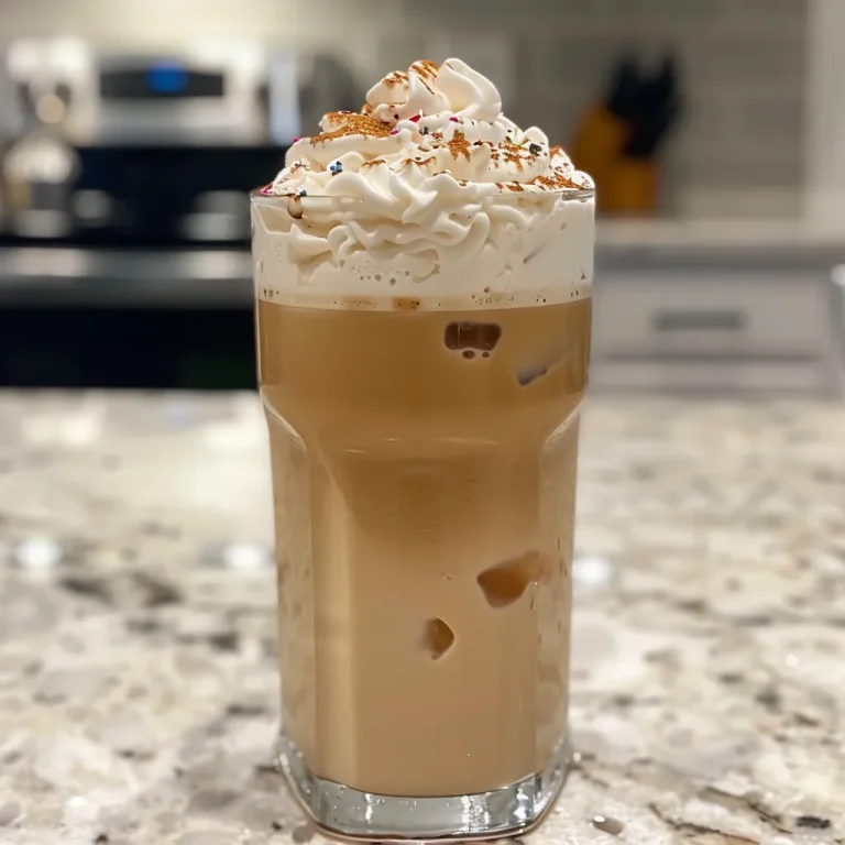 Sipping Sunshine The Iced Vanilla Latte That Brightens Any Day Close-up of a refreshing Iced Vanilla Latte in a glass filled with ice.