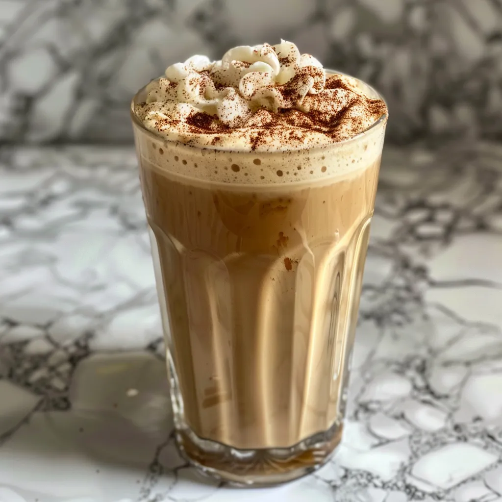 Side view of an Iced Vanilla Latte with a rich creamy texture and ice cubes.