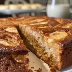 A close-up side view of a slice of Irish Apple Cake topped with creamy custard sauce.