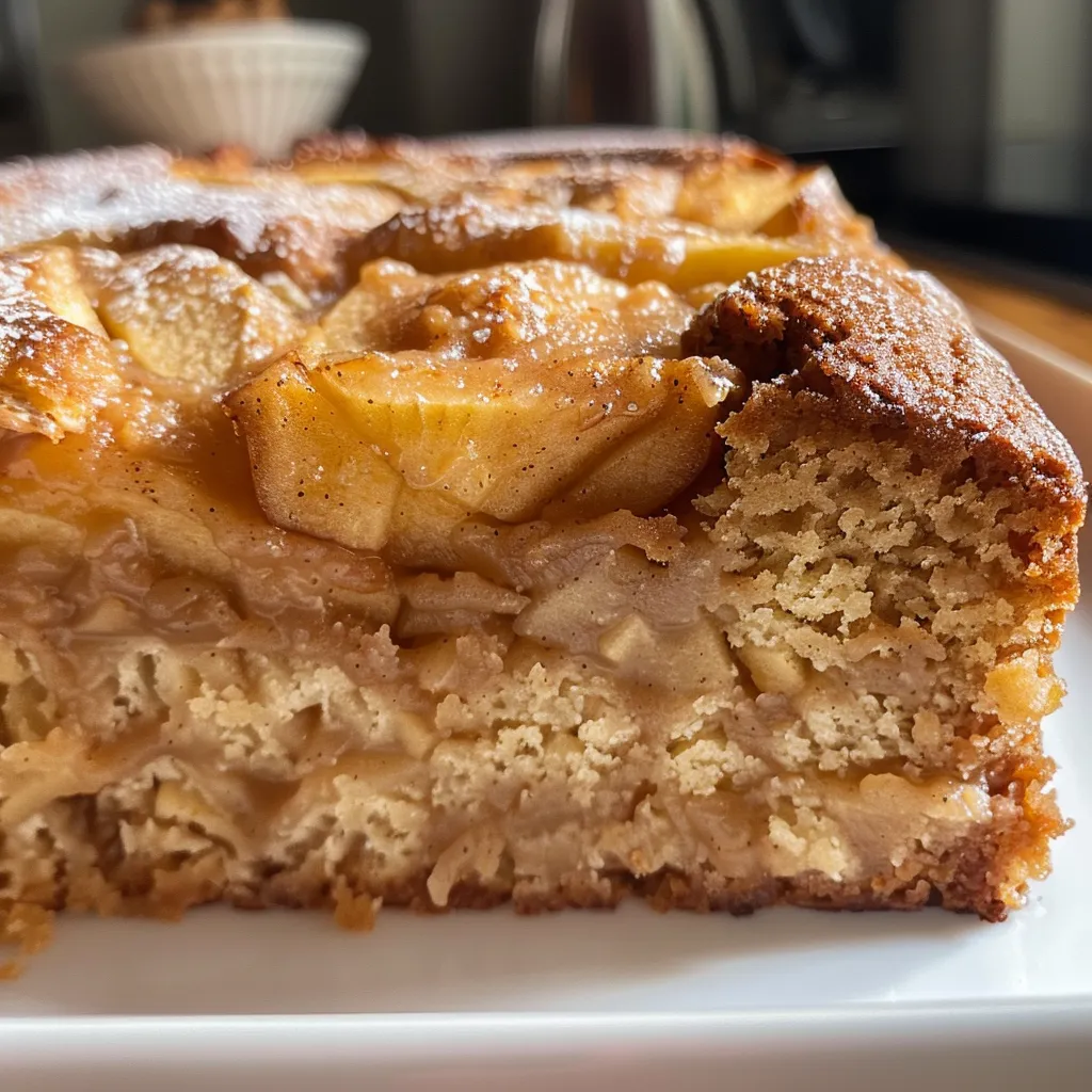 A beautifully presented piece of Irish Apple Cake with a drizzle of custard sauce, showing moist apple chunks.