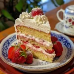 A close-up side view of a fluffy Japanese strawberry sponge cake topped with fresh strawberries and whipped cream.
