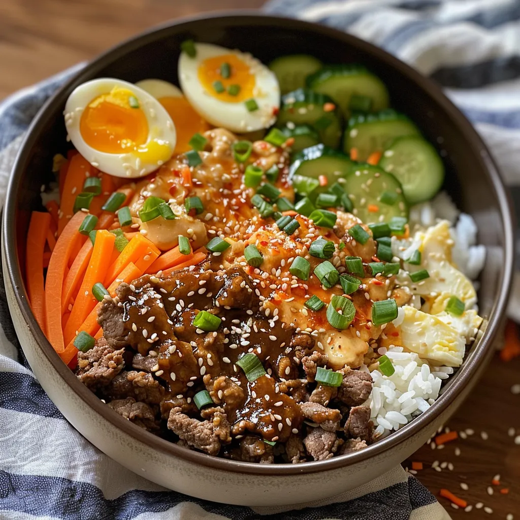 Side view of a delicious Korean beef bowl, showcasing juicy beef and vibrant veggies.