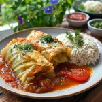 Close-up view of juicy Lahana Sarma with cabbage leaves wrapped around rice filling.