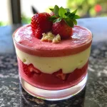 Close-up side view of layered strawberry mousse cups with fresh strawberries on top.