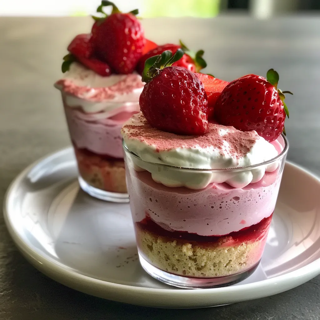 Elegant dessert cups showcasing vibrant layers of strawberry mousse and toppings.