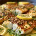 Close-up of juicy lemon butter cod fillets garnished with fresh parsley and lemon slices.