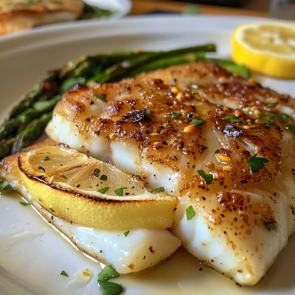Side view of a skillet containing golden-brown lemon butter cod with melted butter sauce.