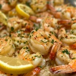 Close-up of Lemon Butter Garlic Shrimp plated with lemon wedges.