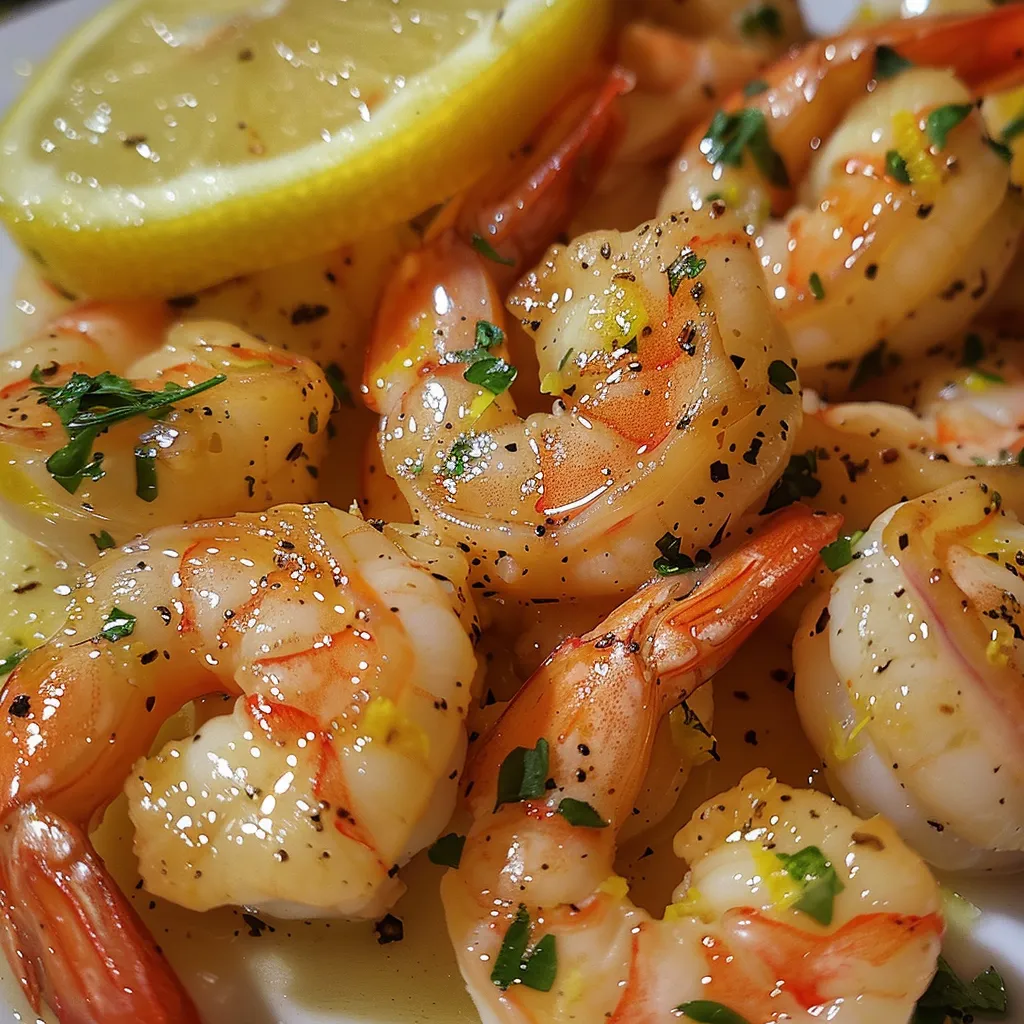 Juicy shrimp glistening in lemon butter sauce with garlic.